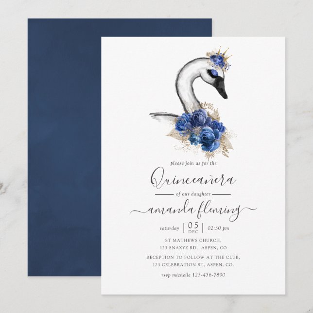 Invitation Aquarelle Floral Swan Quinceañera (Devant / Derrière)