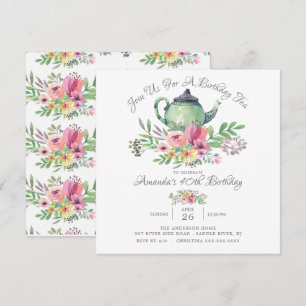 Invitation Aquarelle Floral Teapot Anniversaire Fête Invitati