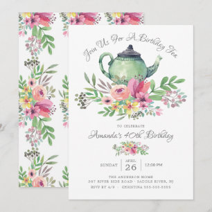 Invitation Aquarelle Floral Teapot Anniversaire Fête Invitati