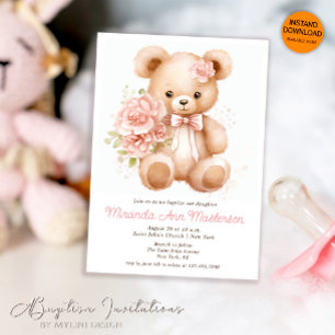 Invitation Aquarelle Floral Teddy Oear Girl Baptême