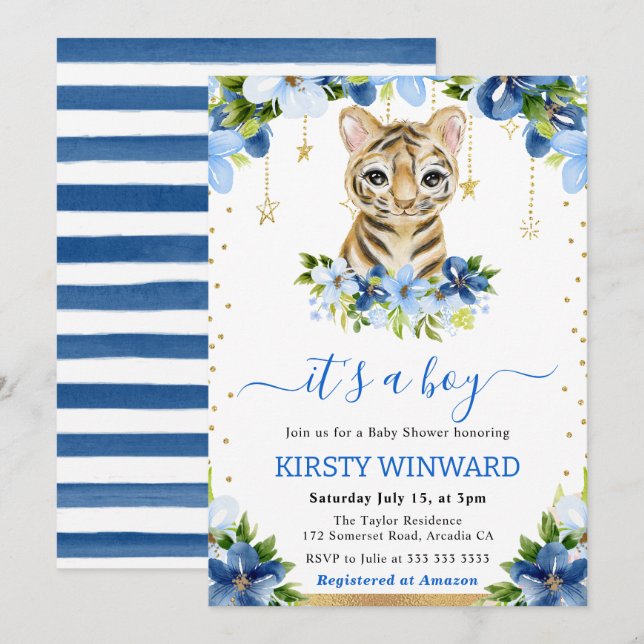 Invitation Aquarelle Floral Tiger Cub Baby shower garçon (Devant / Derrière)