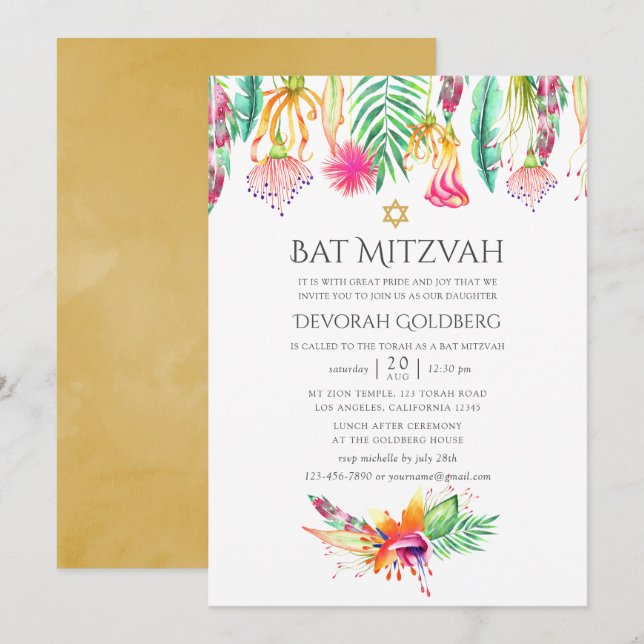 Invitation Aquarelle Floral Tropical Summer Bat mitzvah (Devant / Derrière)