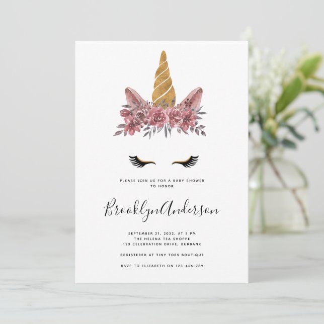 Invitation Aquarelle Floral Unicorn Baby shower (Debout devant)