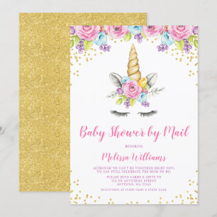 Invitation Aquarelle Floral Unicorn Baby shower par courrier