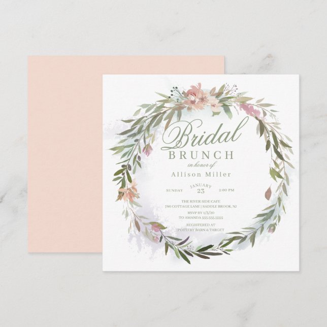 Invitation Aquarelle Floral verdure Wreath Bridal Brunch (Devant / Derrière)