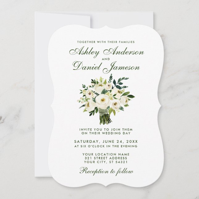 Invitation Aquarelle Floral Vert Blanc Mariage Bouquet B (Devant)