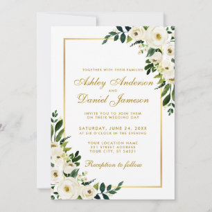 Invitation Aquarelle Floral Vert Blanc Or Mariage G