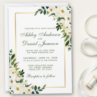 Aquarelle Floral Vert Blanc Or Mariage GS