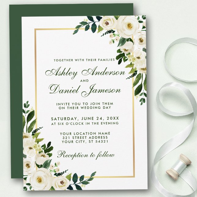 Invitation Aquarelle Floral Vert Blanc Or Mariage GSG (Customize to change text color, style, add text & photos to back or change color of back of card.)