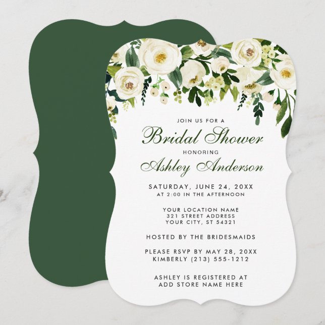 Invitation Aquarelle Floral Vert Fête des mariées blanche BSB (Devant / Derrière)