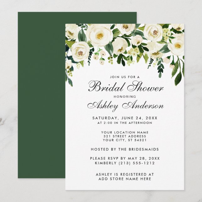 Invitation Aquarelle Floral Vert Fête des mariées blanche G (Devant / Derrière)
