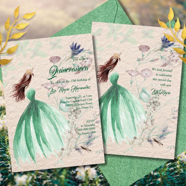 Invitation Aquarelle Floral Vert Tons Quinceañera (Créateur téléchargé)