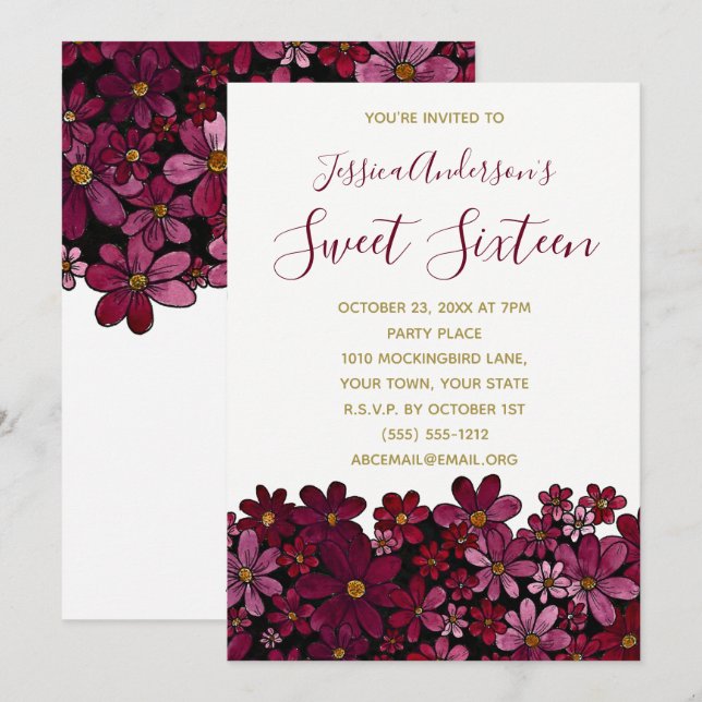Invitation Aquarelle Floral Vin Or Sweet 16 Anniversaire (Devant / Derrière)