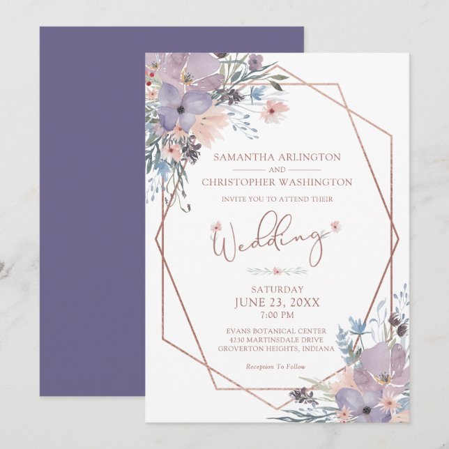 Invitation Aquarelle Floral violet Mariage géométrique (Devant / Derrière)