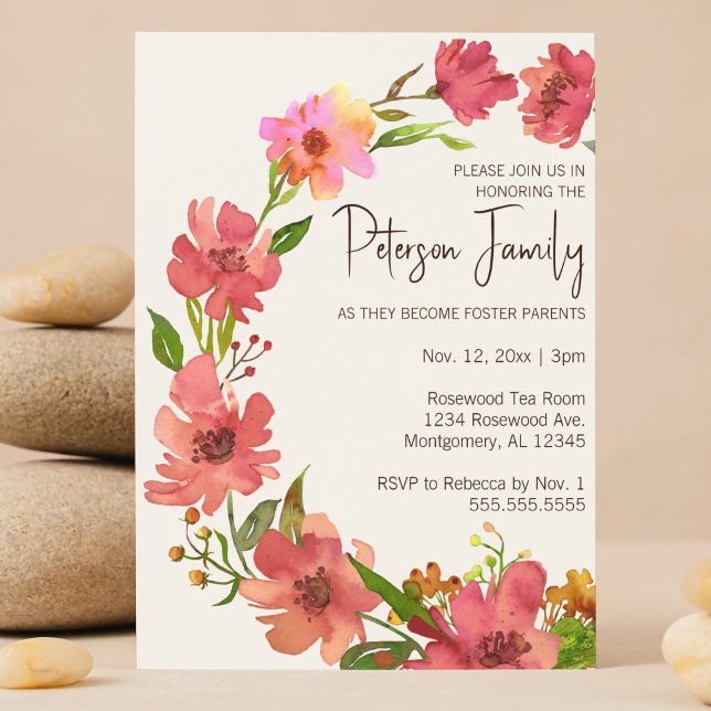 Invitation Aquarelle Floral Wreath Foster Baby/Douche pour en (Pink Floral watercolor wreath  Foster Care and Adoption baby shower invitation customizable QR code)