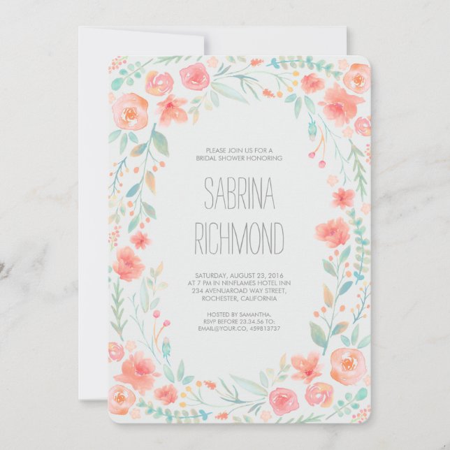Invitation Aquarelle Floral Wreath Garden Fête des mariées (Devant)