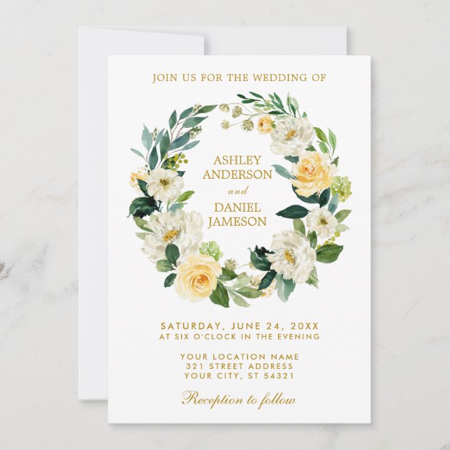 Invitation Aquarelle Floral Wreath Jaune Or Blanc Mariage (Devant)