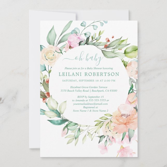 Invitation Aquarelle Floral Wreath Oh Baby Pastel Douche (Devant)