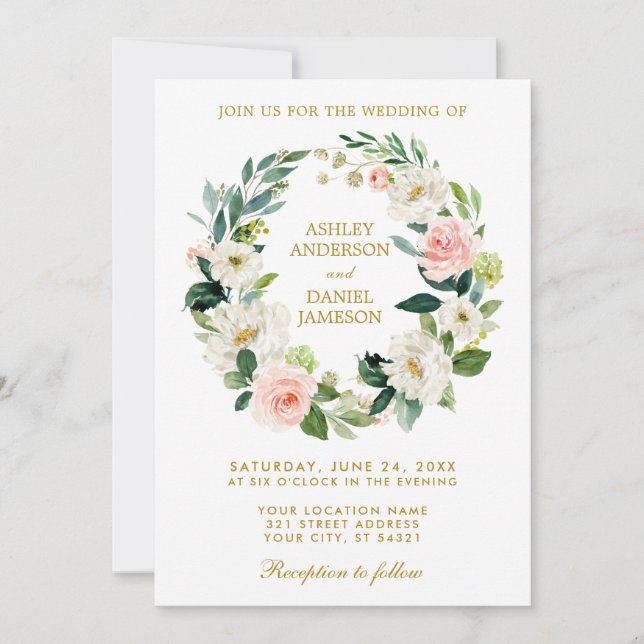 Invitation Aquarelle Floral Wreath Rose Blanc Or Mariage (Devant)