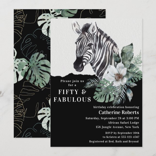 Invitation Aquarelle Floral Zebra Cinquante-cinquantième anni (Devant / Derrière)
