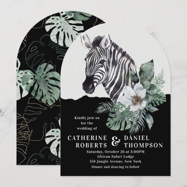 Invitation Aquarelle Floral Zebra Safari Mariage (Devant / Derrière)