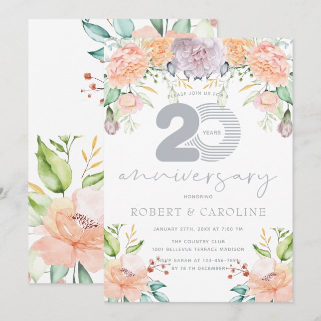 Invitation Aquarelle florale 20e anniversaire de mariage (Devant / Derrière)