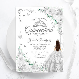 Invitation Aquarelle florale argent Roses Quinceanera