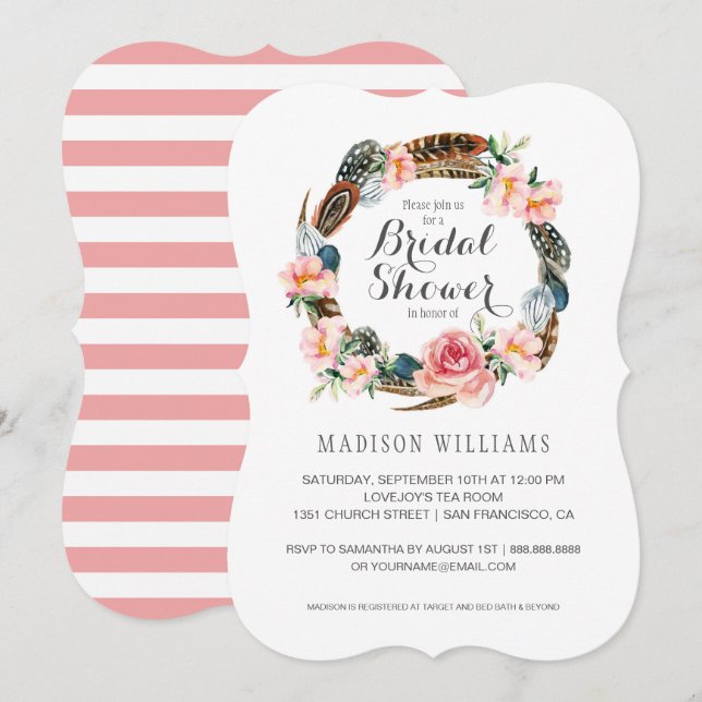 Invitation Aquarelle florale avec plumes | Fête des mariées (Devant / Derrière)