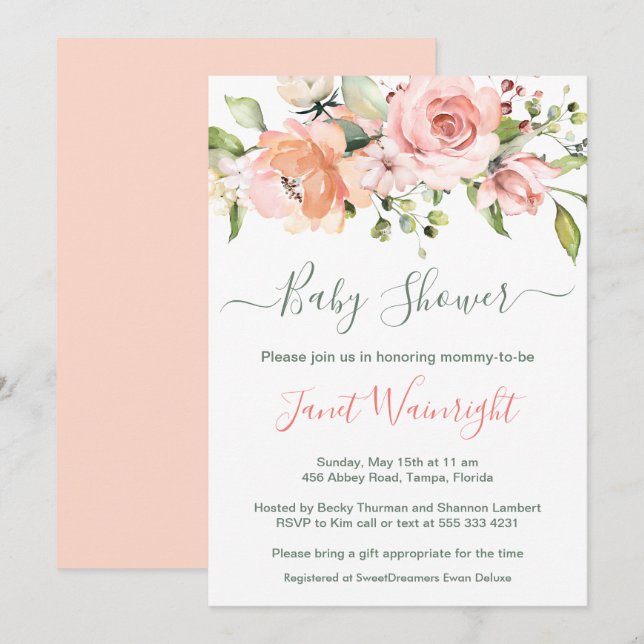 Invitation Aquarelle Florale, Baby shower de feuillage verdoy (Devant / Derrière)