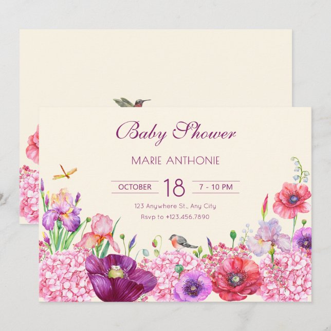 Invitation Aquarelle florale baby shower naturel oiseau (Devant / Derrière)