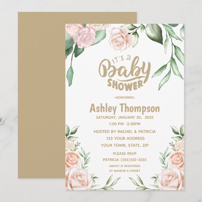 Invitation Aquarelle florale Baby shower rose pâle (Devant / Derrière)