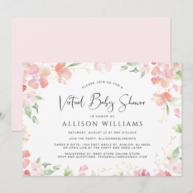 Invitation Aquarelle Florale Baby shower virtuel d'or rose (Devant / Derrière)