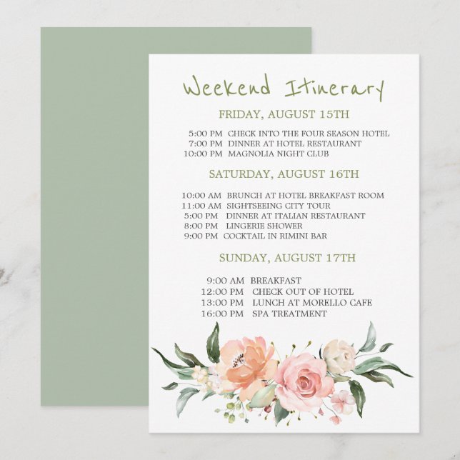 Invitation Aquarelle florale Bachelorette Heekend Itinéraire (Devant / Derrière)