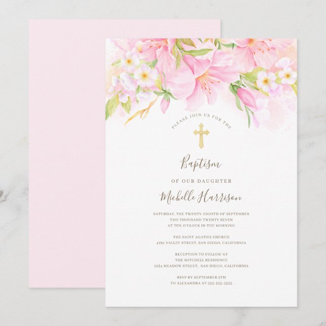 Invitation Aquarelle florale Baptême fille rose pâle (Devant / Derrière)