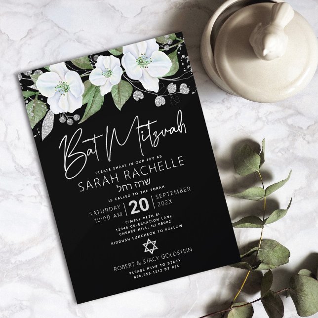 Invitation Aquarelle florale bat mitzvah noir (Créateur téléchargé)