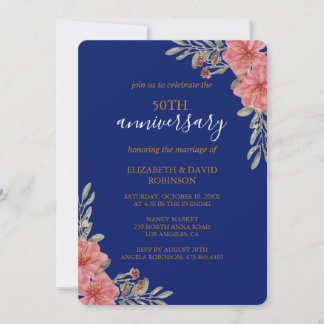 Invitation aquarelle florale bleu 50e anniversaire mariage
