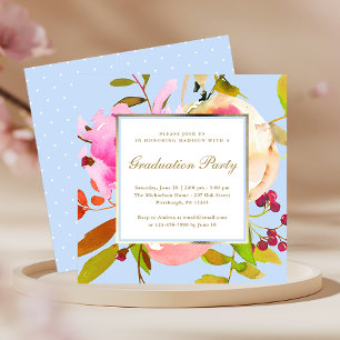 Invitation Aquarelle florale bleu avec les points Graduation