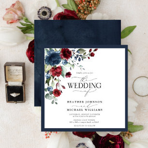 Invitation Aquarelle florale bleu Bourgogne marine Script