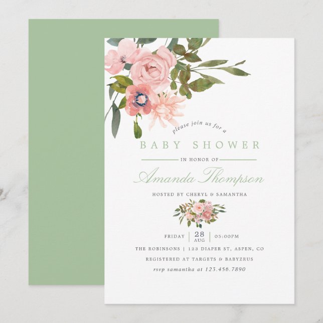 Invitation Aquarelle florale Bleu et Baby shower Sage (Devant / Derrière)