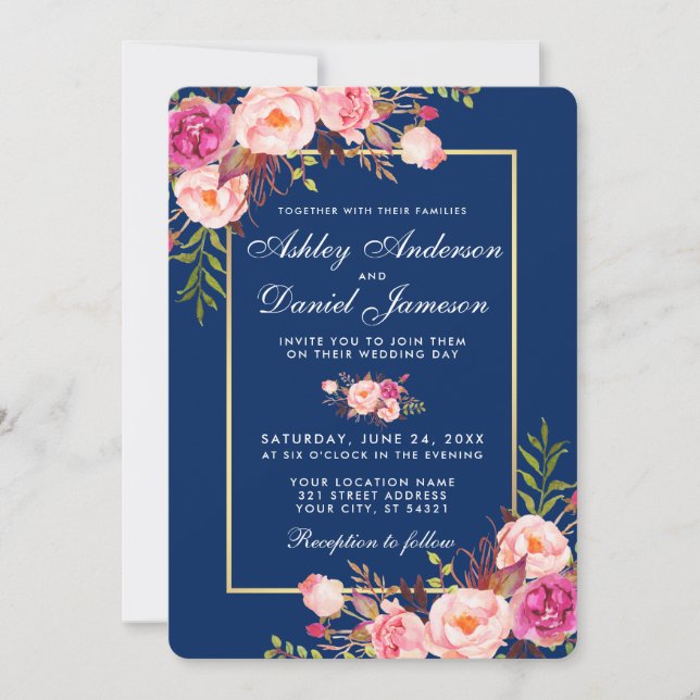 Invitation Aquarelle florale bleu rose Mariage W (Devant)