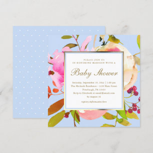 Invitation Aquarelle Florale Bleue avec Baby shower de points