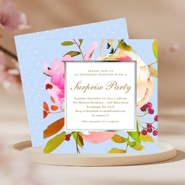 Invitation Aquarelle florale bleue avec points Surprise Party (Créateur téléchargé)
