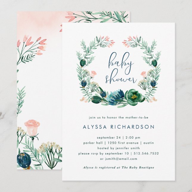 Invitation Aquarelle florale bleue et verte | Baby shower (Devant / Derrière)