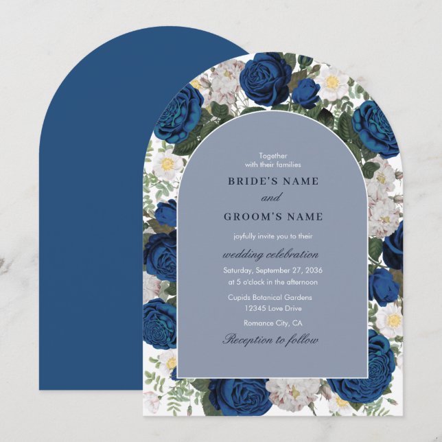 Invitation Aquarelle Florale Bleue Moderne Elégante Arche de  (Devant / Derrière)