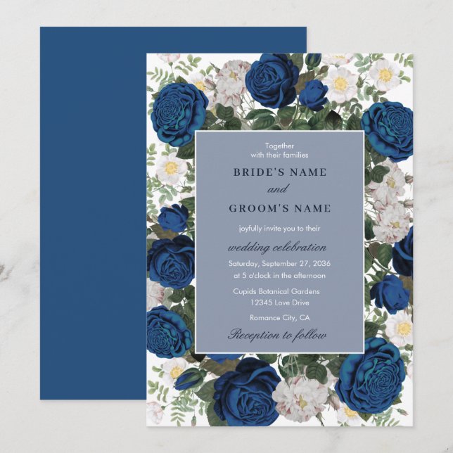 Invitation Aquarelle Florale Bleue Moderne Mariage élégant (Devant / Derrière)