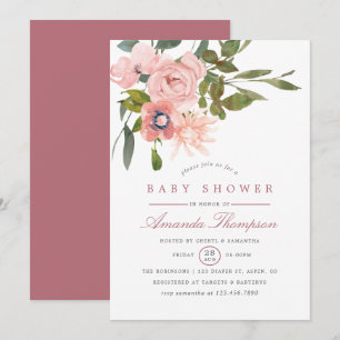 Invitation Aquarelle florale Blush et Baby shower Rose or