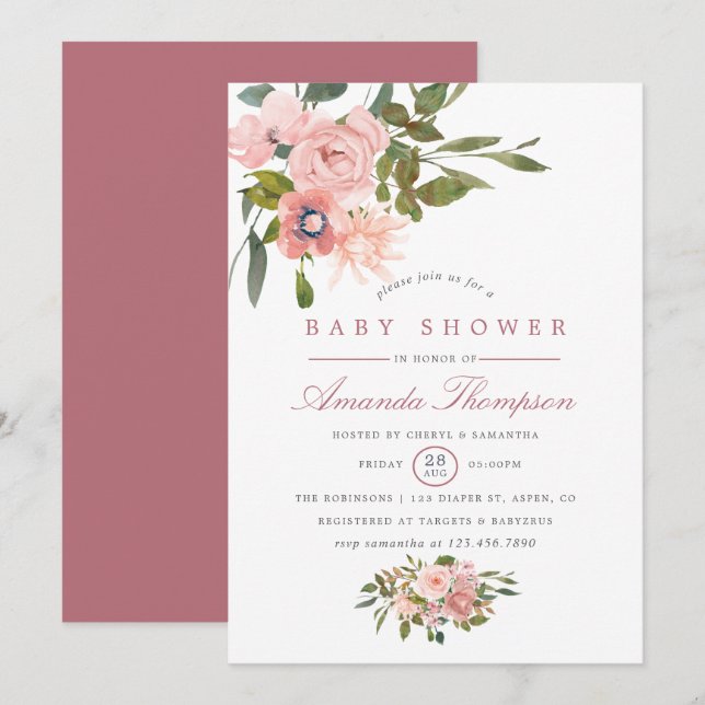 Invitation Aquarelle florale Blush et Baby shower Rose or (Devant / Derrière)