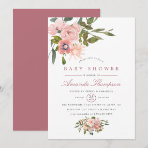 Invitation Aquarelle florale Blush et Baby shower Rose or