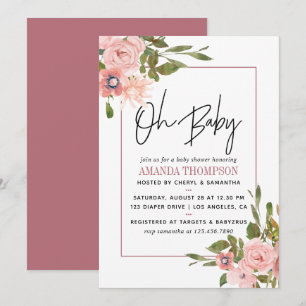 Invitation Aquarelle florale Blush et Baby shower Rose or
