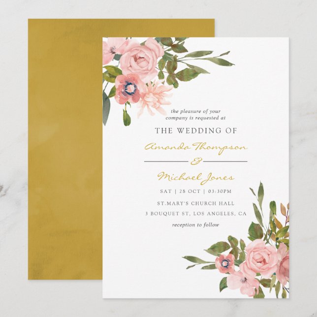Invitation Aquarelle florale Blush et Gold Wedding Inviter (Devant / Derrière)